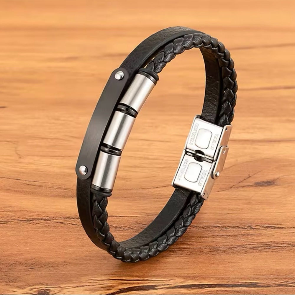 Men Double Layer Leather Bracelet Stainless Steel 8”